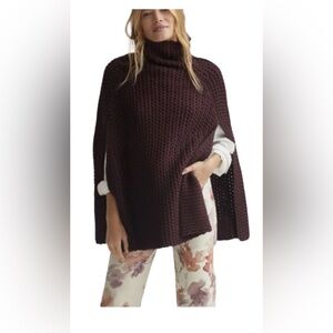 Anthropologie Wine Chunky Open Knit Slit Poncho Sweater BNWT